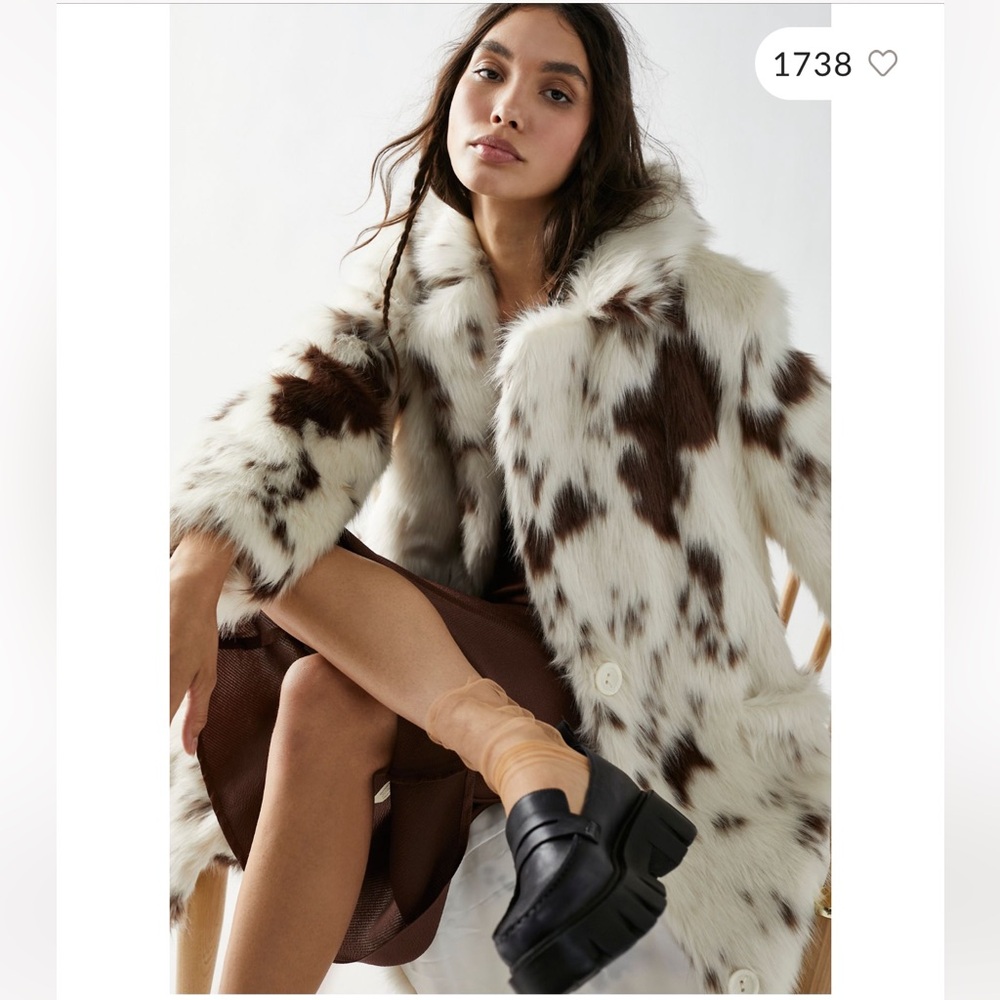 Free People Rosie Coat Faux Fur Cow Print Lined Collar Button Ivory Brown
